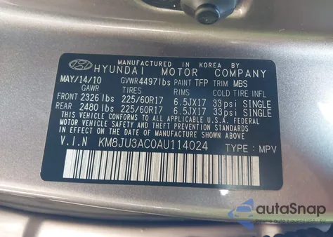 2010 Hyundai Tucson Gls z USA, uszkodzony, nr VIN KM8JU3AC0AU114024